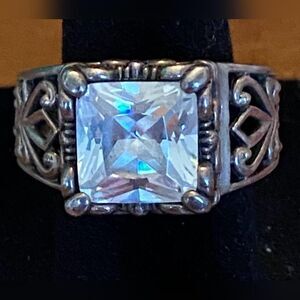 Silpada Sterling Silver 925 Clear Square Stone Cocktail Ring Filigree  Size 6
